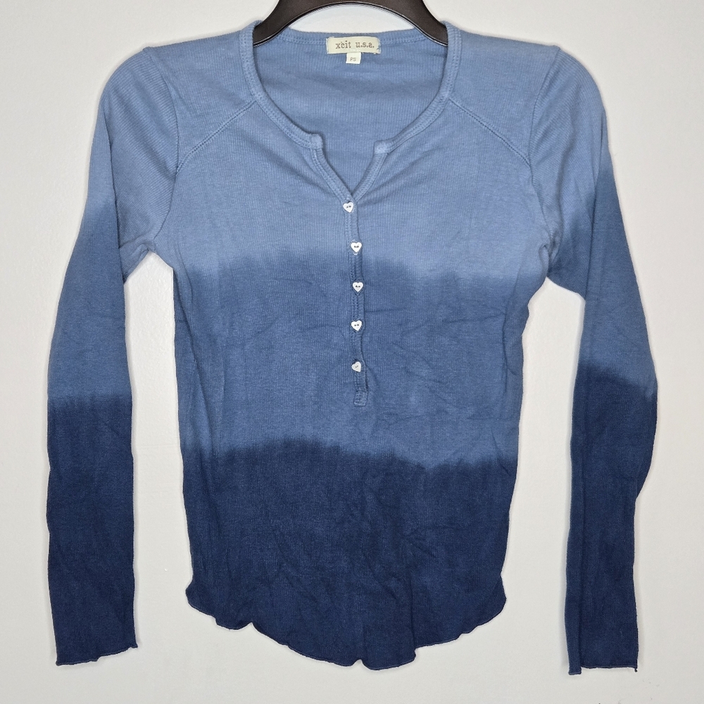 Vtg Y2k Ribbed Henley Long Sleeve Top Blue Ombre V Neck Heart Buttons Xcit Usa
